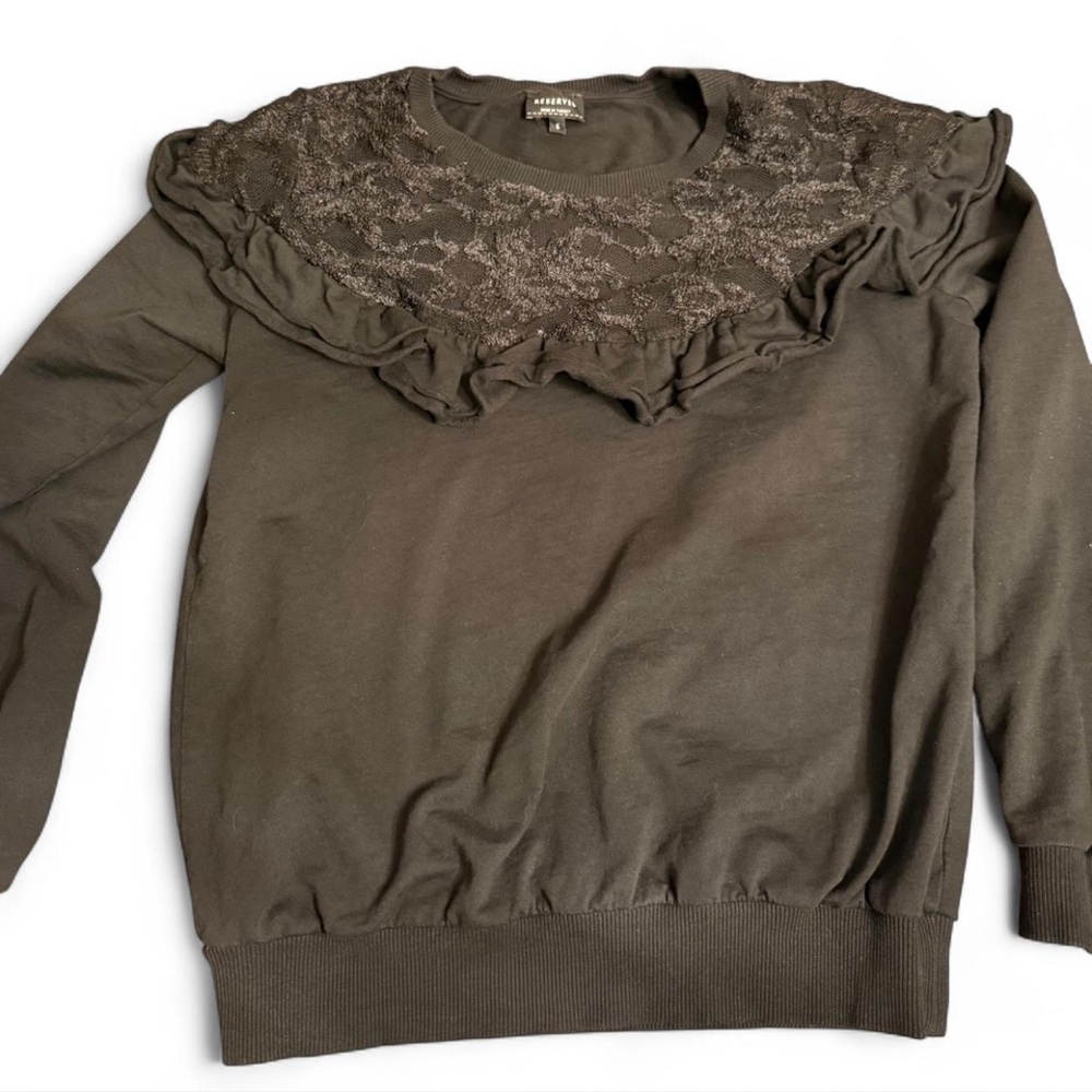 Black Whimsigoth Lace Ruffle Crewneck Sweatshirt